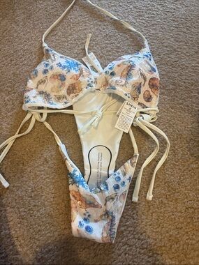 SHEIN White Seashell Print Bikini with Blue and Tan Accents. Never been worn.